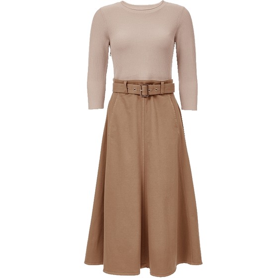 
ONLY2025 Autumn New Slim Knitted Spliced ​​Denim Umbrella Skirt Round Neck High Waist Three-quarter Sleeve Dress Women