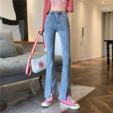 Джинсы женские 今年流行爆款裤子夏季高腰显瘦直筒喇叭裤女秋冬设计感开叉牛仔裤