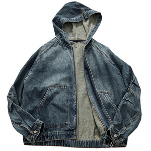
American casual hooded denim jacket men's loose denim wash heavy zipper autumn and winter new work jacket trend