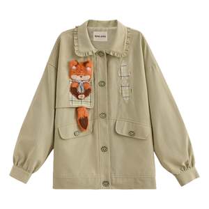 
Mori Girl Tribe Cute Fox Decoration Design Spliced Loose Jacket Women's New Versatile Workwear Style Top Spring