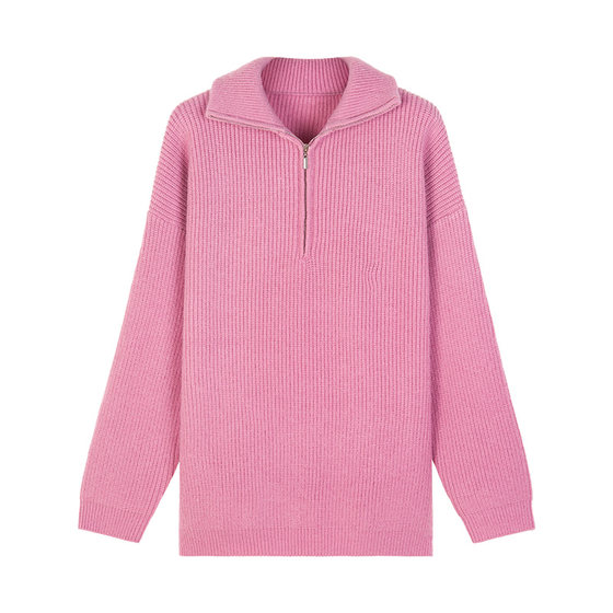 
[Clearing Special Offer] Pink Zipper V-neck Sweater for Women Loose Retro Japanese Lazy Design Niche Top