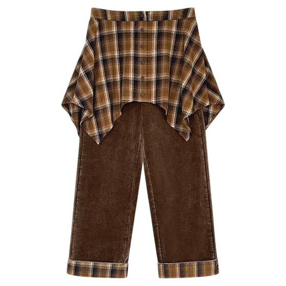 
[Old Records] Corduroy straight-leg pants come with plaid butt curtains and cuffable hems. Irregular plaid skirts