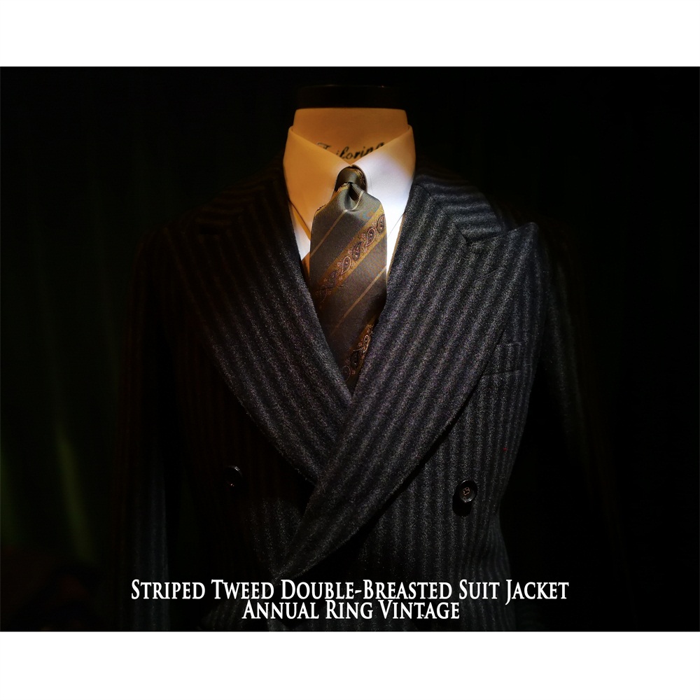AnnualRing英式复古双排扣西装条纹粗花呢Tweed羊毛呢绅士外套男
