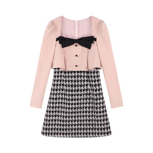 Small fragrance pink houndstooth square collar dress for women in autumn high-end waist sweet age-reducing inner A-line skirt