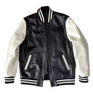 Autumn and winter soft head layer calf leather baseball suit, black and white contrasting color leather jacket men's casual outer jacket tide
