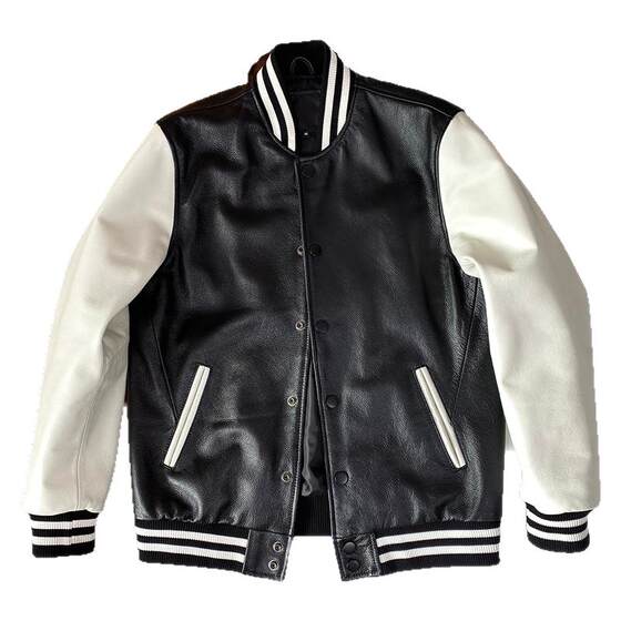 Autumn and winter soft head layer calf leather baseball suit, black and white contrasting color leather jacket men's casual outer jacket tide
