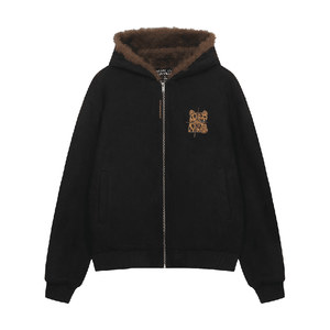 
BIPOLAR cat ears leopard print fur collar cotton coat mountain sculpture trendy loose couple hooded warm top jacket for men