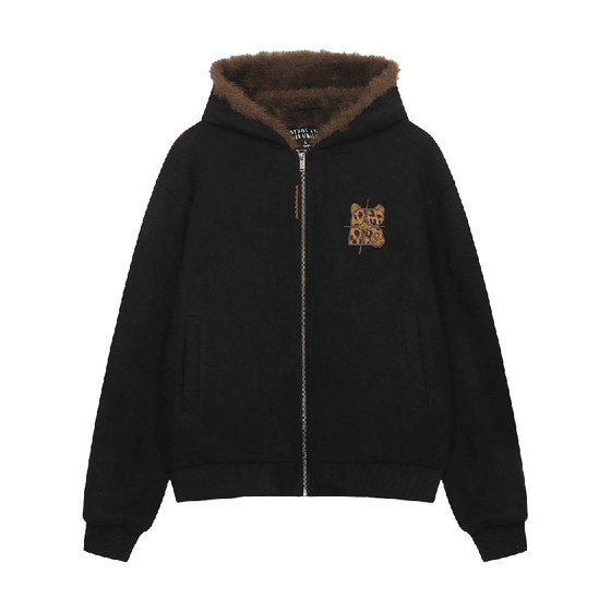 
BIPOLAR cat ears leopard print fur collar cotton coat mountain sculpture trendy loose couple hooded warm top jacket for men