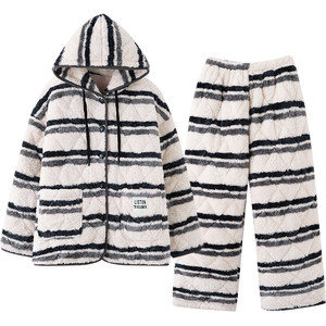 
Princess Mark three-layer quilted hooded couple's pajamas winter Japanese style striped extra thick cotton jacket provincial clothing men's suit