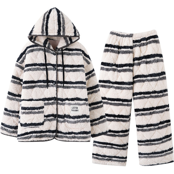 
Princess Mark three-layer quilted hooded couple's pajamas winter Japanese style striped extra thick cotton jacket provincial clothing men's suit