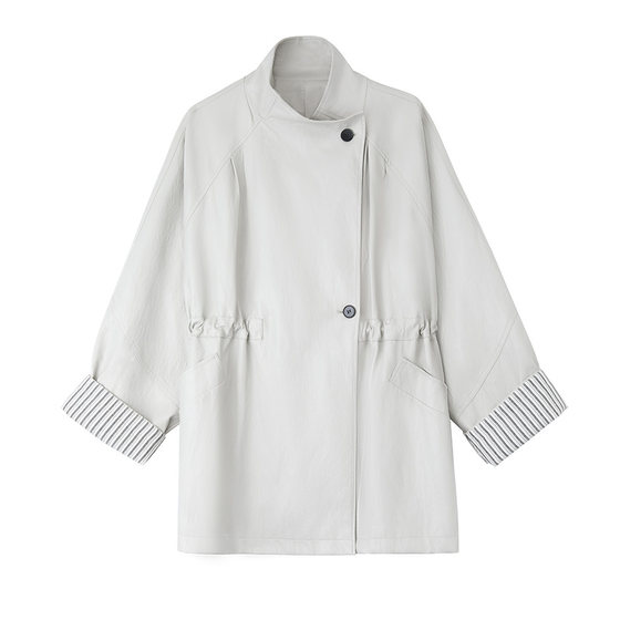 
PAPERLLL Xinjian Sauran Modern Designed Large Lapel Waist Mid-Length Leather Windbreaker Feminine Style Jacket