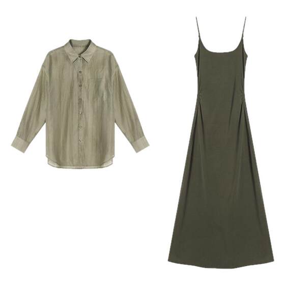 
Eryang Design [Wan Muqing] Simple one-line collar high elastic knitted suspender skirt + sun protection long-sleeved shirt suit