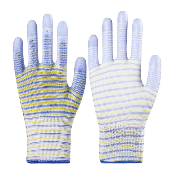 
PU coated fingers and palms for labor work, non-slip, wear-resistant, breathable nylon, zebra pattern, breathable rubber gloves, labor insurance