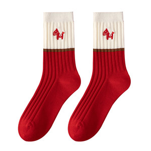 红色本命年袜子女中筒袜棉袜冬季马年双针堆堆袜新年2026属马长袜