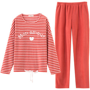 Pajamas men and women's spring and autumn long-sleeved fleece Korean style shoulder stripes cute home clothes two-piece set
