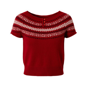 
RPB BRAND fine wool Fair Isle style red short-sleeved sweater for women retro crew neck sweater