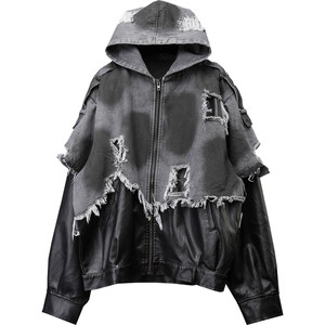 
Wasteland style old cat whisker burrs spliced ​​PU denim jacket heavy industry functional street punk hip-hop hooded jacket