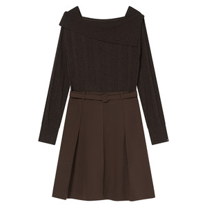 
Goodland coffee color one-line collar splicing knitted dress waisted short a-line skirt LC34506427