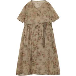 Simple V -neck flower color ramie medium long dress female 2024 summer high waist thin long skirt resort skirt and cold skirt
