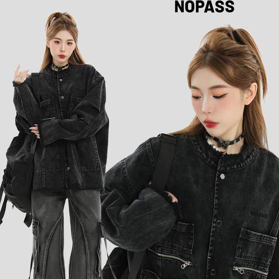 NOPASS 国潮情侣原创美式多口袋水洗牛仔外套宽松机能工装夹克女