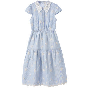 
betu French floral embroidery striped dress women's 2026 summer new short-sleeved waist long skirt