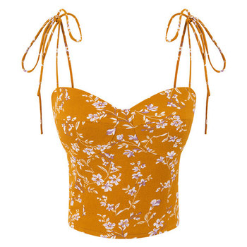 French retro yellow bottom floral strap sling top for women with thin shoulder straps tied with rope slim fit vest
