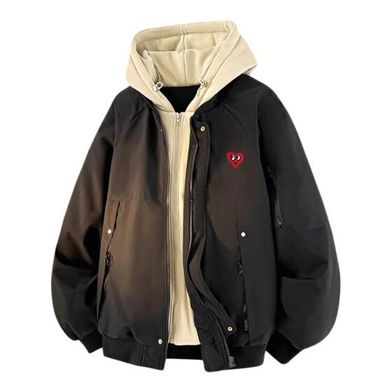 
Charles Heart American Fake Two Piece Flying Cotton Jacket Men's Thickened Coldproof Winter Trendy Couple Hooded Cotton Jacket