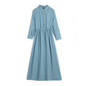 
Travel literary early autumn peacock blue linen dress women's loose slimming drawstring mid-waist peak collar long-sleeved long skirt