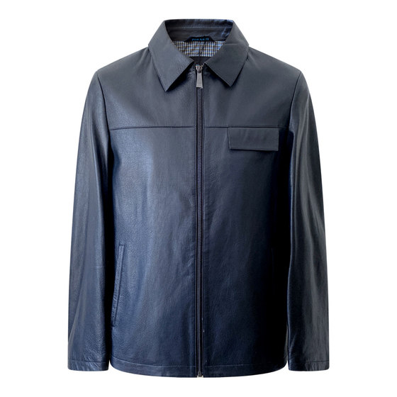 
ZORANZI Men's Business Casual Leather Jacket Men's Dark Blue Shrunk Sheep Leather Jacket LMQA8816