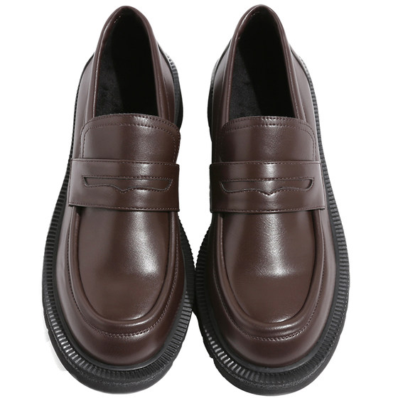 Masuism 2025 new thick-soled British style single shoes for women's autumn retro leather shoes black flat loafers