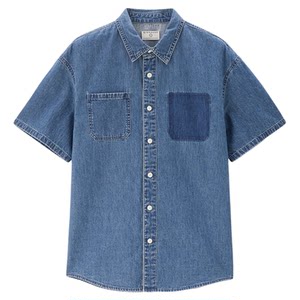 
Giordano shirt men's pure cotton wash pocket short-sleeved denim shirt 01045466