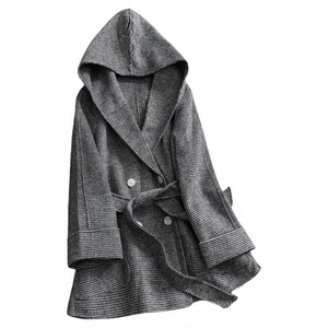 
Sheep wool blended houndstooth hooded double-breasted mid-length double-sided woolen coat long-sleeved women's woolen coat Q040