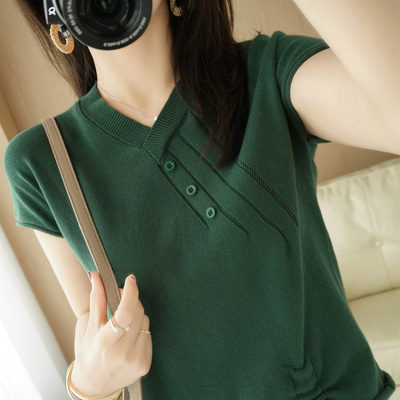 taobao agent Cotton knitted sweater, short sleeve T-shirt, top, 2021 collection, 100% cotton, V-neckline, cotton and linen