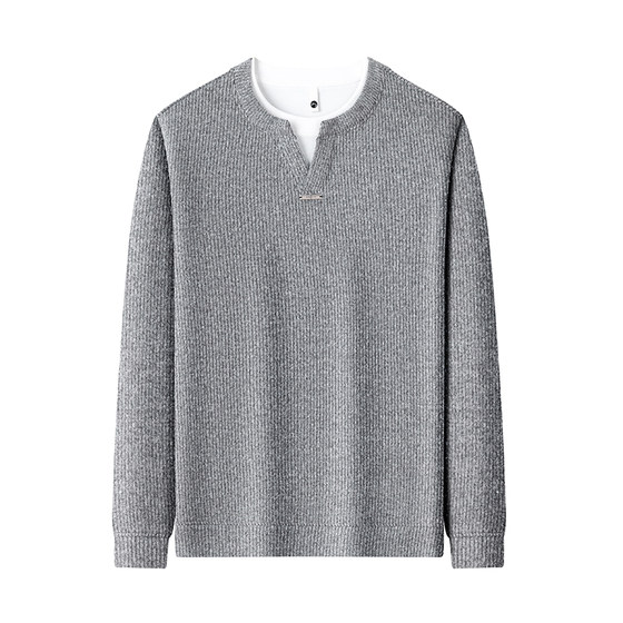 
Double-layer collar fake two-piece sweatshirt for men plus velvet and thickened Korean style casual knitted t-shirt for men to wear under the pullover