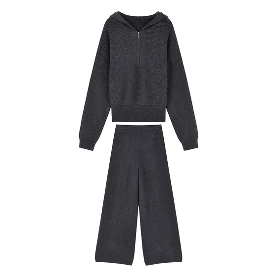 
Qiushui Yiren simple hooded zipper top 2025 new winter women's commuting versatile wide-leg pants two-piece set
