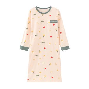 
Langsha pure cotton nightgown for women with breast pads integrated long-sleeved pajamas spring and autumn loose mid-length dress home clothes