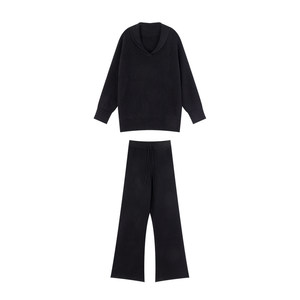 姜雯 慵懒气质v领针织毛衣微喇休闲裤两件套女冬季黑色老钱风套装