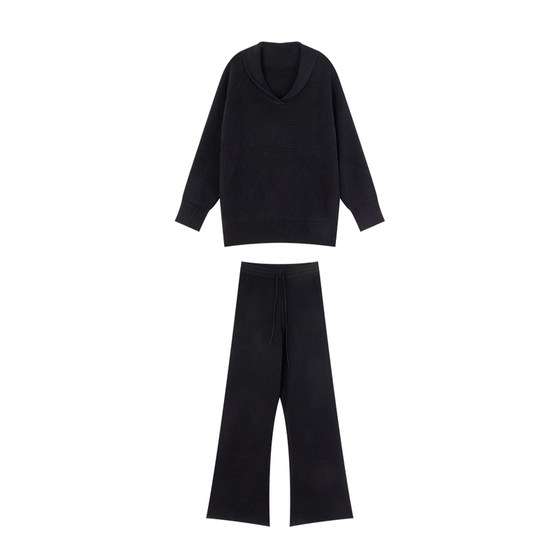 
Jiang Wen Lazy Temperament V-neck Knitted Sweater Micro-Large Casual Pants Two-piece Set for Women Winter Black Old Money Style Suit