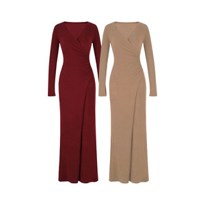 
XULU original autumn and winter solid color Swiss velvet hip skirt sexy temperament slim pleated high waist V-neck dress