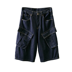 
Summer new work jeans men's original color loose straight big pocket shorts Japanese retro three-quarter pants trendy