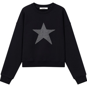 
7AM10PM Designed star patch short sweatshirt for women, versatile black velvet round neck sweatshirt and velvet top