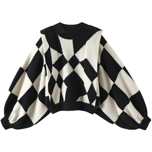 
Qichao velvet + retro black diamond shaped lantern sleeves large gram heavy cashmere sweater women 2023 winter thick