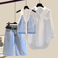 Летний жилет, рубашка, джинсовая юбка, шорты, комплект, подходит для подростков, популярно в интернете, 3 предмета