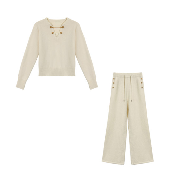 
cchenchenchen-praying girl v-neck raccoon velvet white sweater women's fleece top loose trousers suit