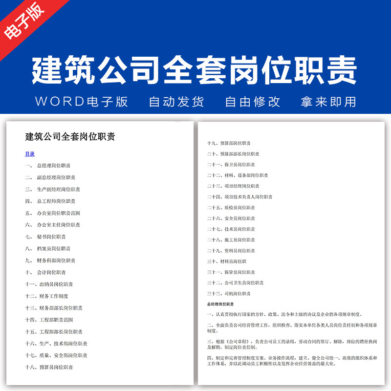 建筑公司全套岗位职责 施工单位企业各部门职责word文档电子资料