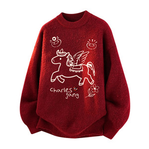 
Charles Heart New Year Red Sweater for Men and Women Spring Autumn and Winter Bottoming Shirt Couple Knitted Sweater Top New Year Clothes