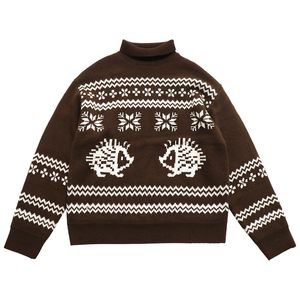 
Deer and Birds 'Fleece Hedgehog' Sheep Wool Blended Jacquard Chestnut Brown Turtleneck Double Layer Sweater 7030