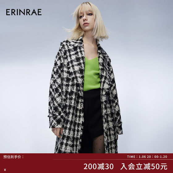 ERINRAE丨2024秋冬新品女士中长款黑白格纹大衣EF464175PL92