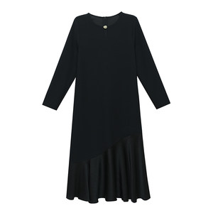
Qiyuan Large Size Round Neck Long Sleeve Spliced Large Swing Fishtail Dress 2026 Spring Style Loose Fit Covering Midi Dress