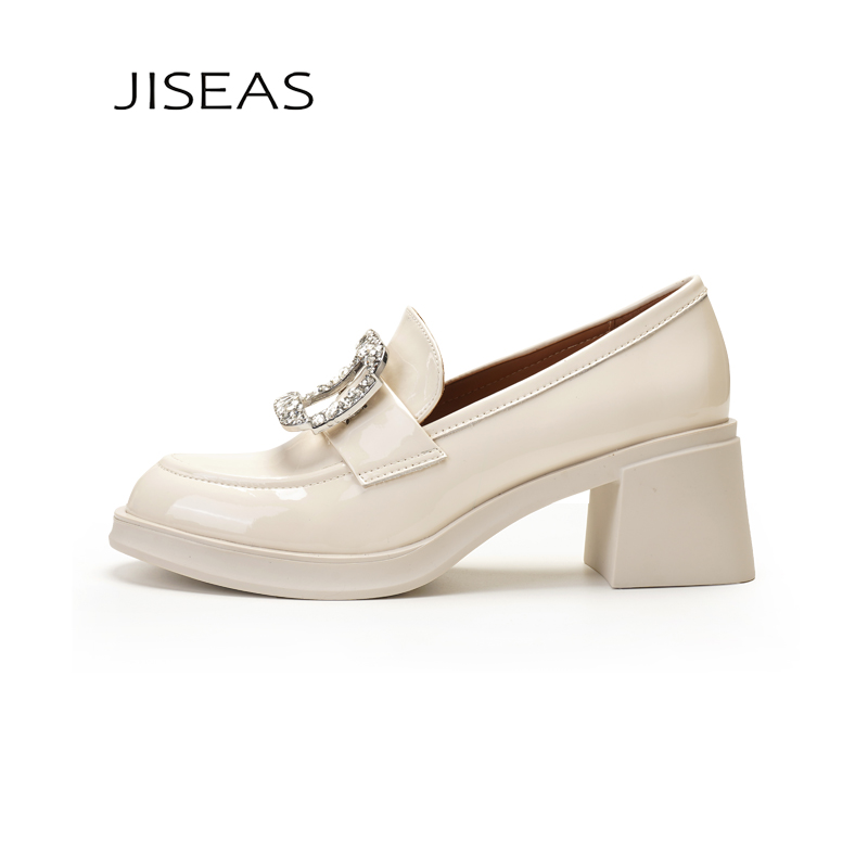 JISEAS粗高跟小皮鞋女2024春新款真皮英伦百搭增高水钻法式玛丽珍